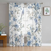 Blue Spring Floral Sheer Curtains 84 Inches Long 2 Panels Set, Window Sheer Curtains for Living Room/Bedroom, Birds Summer Flowers Botanical Light Filtering Rod Pocket Curtain 52'' x 84'' x 2