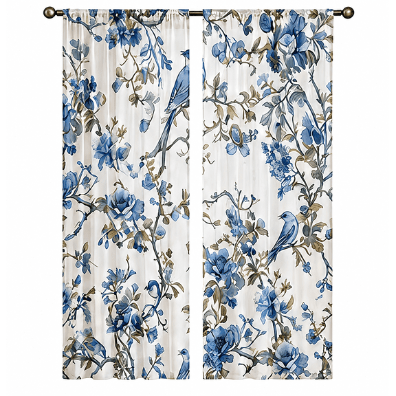 Blue Spring Floral Sheer Curtains 84 Inches Long 2 Panels Set, Window Sheer Curtains for Living Room/Bedroom, Birds Summer Flowers Botanical Light Filtering Rod Pocket Curtain 52'' x 84'' x 2