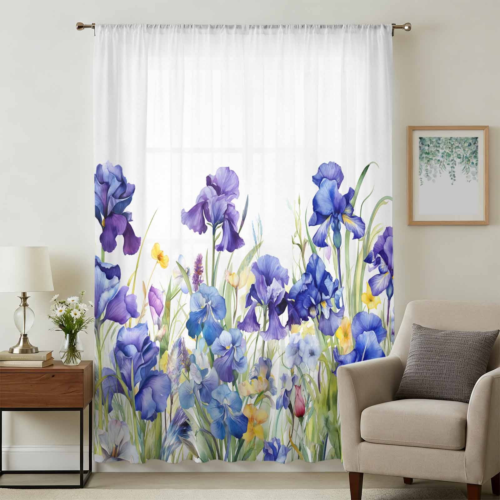 Blue Spring Floral Sheer Curtains 84 Inches Long, Watercolor Flowers ...