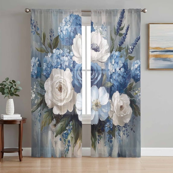 Blue Spring Floral Sheer Curtains 96 Inch Length 2 Panels Set, Modern Art Flowers Farmhouse Voile Window Treatment Semi Sheer Long Curtains Drapes for Bedroom/Living Room/Kitchen 52"x96"x2