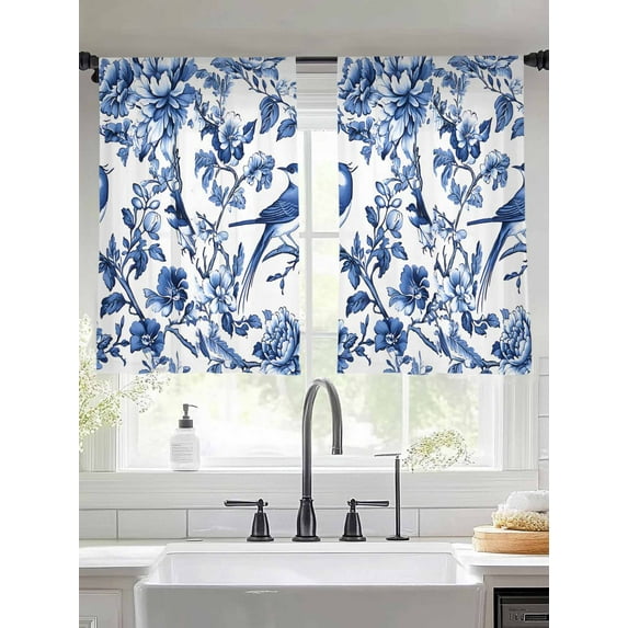 Blue Spring Floral Sheer Curtains for Living Room Bedroom Summer Botanical Bird Sheer Curtains 54 Inch Long 2 Panels Set Light Filtering Curtain Window Treatments Drapes for Dining Room