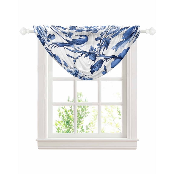 Blue Spring Floral Sheer Waterfall Valance Curtains for Window, Summer Botanical Bird Rod Pocket Sheer Topper Swag Curtains for Living Room, Kitchen 38.5"W x 47.2"L, 1 Panel