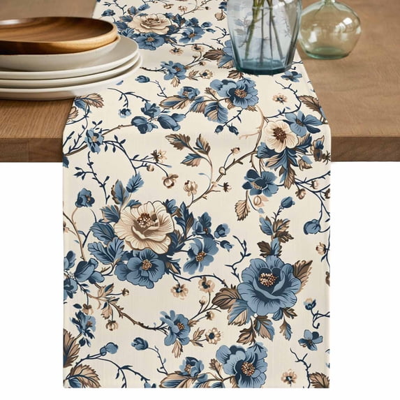 Blue Spring Floral Short Table Runner 36 Inches Long, Vintage Botanical ...