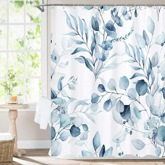 Blue Spring Floral Shower Curtain, Modern Plants Botanical Fabric Cloth Shower Curtains for Chic Elegant Bathroom Decor, Summer Watercolor Eucalyptus Leaf, 72x72