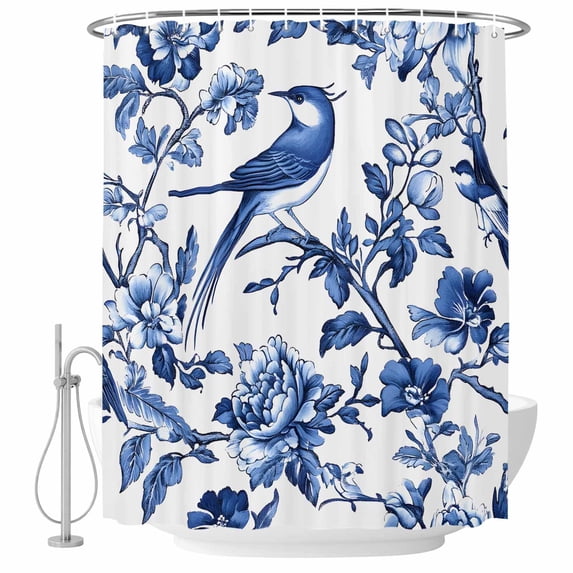 Blue Spring Floral Shower Curtain Set - Long 72" x 84" Washable Bathtub Curtain with 12 Hooks, Summer Botanical Bird Waterproof Fabric Stall Shower Curtains for Bathroom/Bathtub Décor