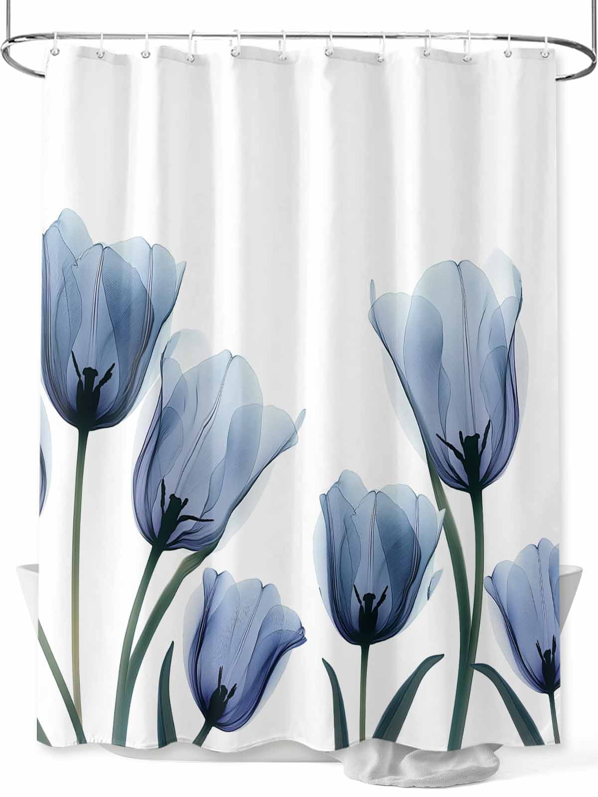 Blue Spring Floral Shower Curtain Set, Waterproof Shower Curtains for Bathroom, Tulip Blooming Summer Botanical Washable Fabric Cloth Bath Curtain for Bathtub Decoration with Hooks 48x72 Inches