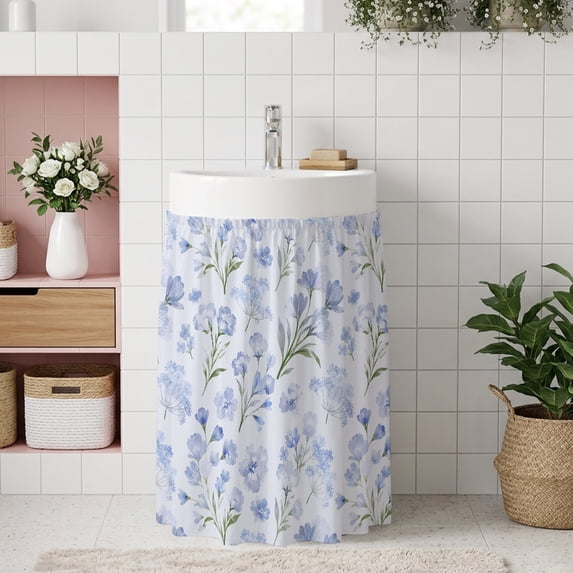 Blue Spring Floral Under Sink Curtain for Closet, Privacy Short Cabinet Curtains, Green Botanical Wildflower Blossoms Self Adhesive RV/Open Cabinet Skirt Adds Bathroom Storage 11"x13"