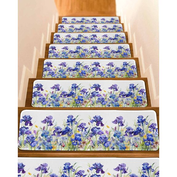 Blue Spring Floral Stair Treads for Wooden Steps Indoor Runner Rug Carpet, Watercolor Flowers Summer Botanical 4 Pieces Peel and Stick Staircase Step Treads Covers Washable Throw Door Mats, 30"x8"