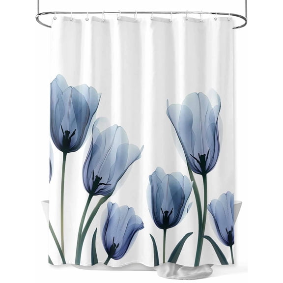 Blue Spring Floral Standard Shower Curtain Set, Waterproof Shower Curtains for Bathroom, Tulip Blooming Summer Botanical Washable Fabric Cloth Bath Curtain for Bathtub with Hooks 72x72 Inches
