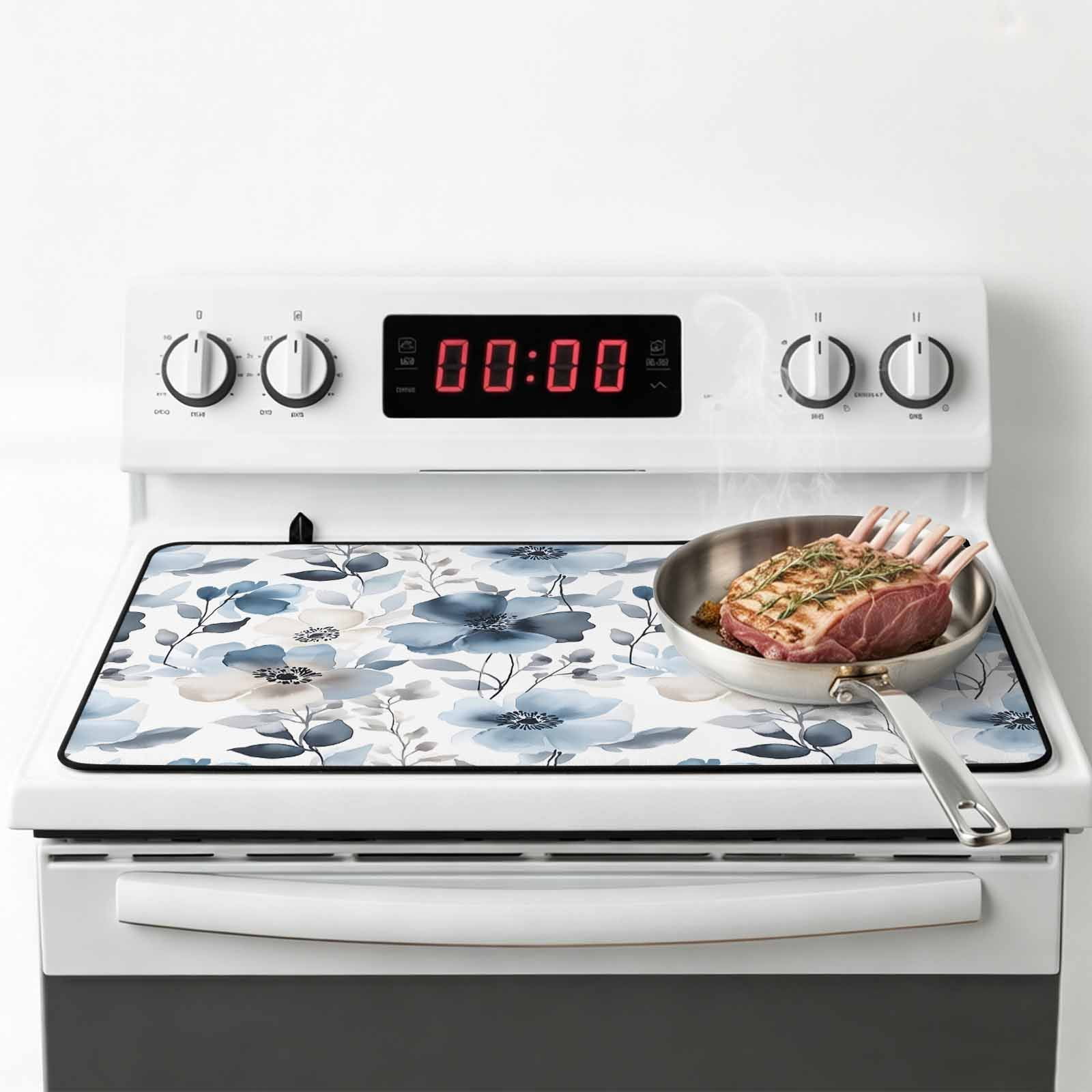 Blue Spring Floral Stove Top Cover for Electric Stove, Heat-proof & Non Slip Glass Top Stove Cover Protector, Watercolor Summer Flowers Abstract Kitchen Flat Cooktop Rubber Mat 24x21 Inches