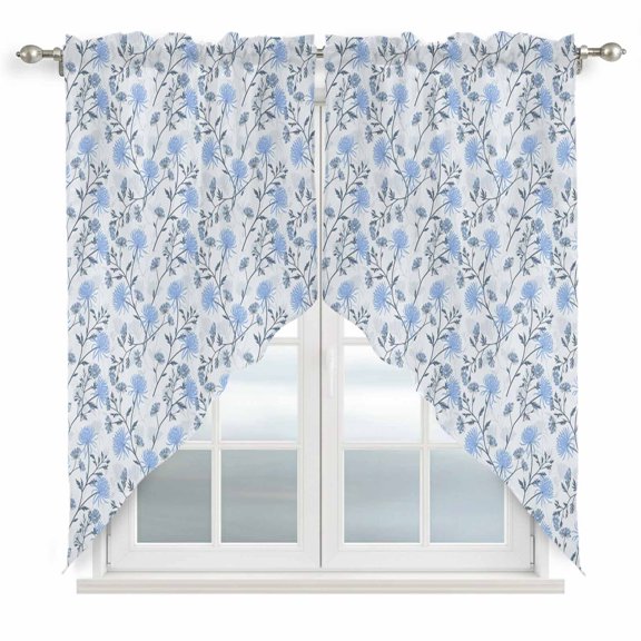 Blue Spring Floral Swag Curtains for Living Room/Bedroom, Flowers Leaves Pastoral Botanical Swag Kitchen Curtain Valances for Windows, Tier Topper Scalloped Curtain 2 Panels, 72"W x 36"L