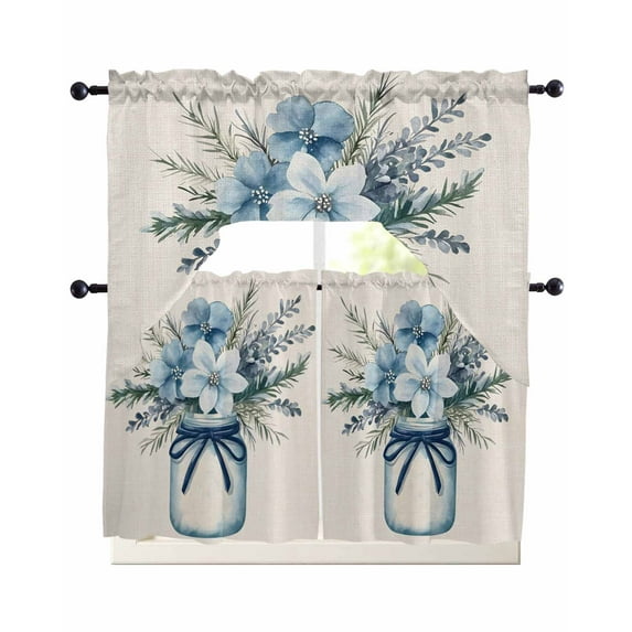 Blue Spring Floral Swag Kitchen Curtains Sets for Windows 24 Inch Length, Summer Flowers Rustic Short Window Curtain Panels Swags Valances and Tiers 3 Piece Set for Cafe/Dining Room