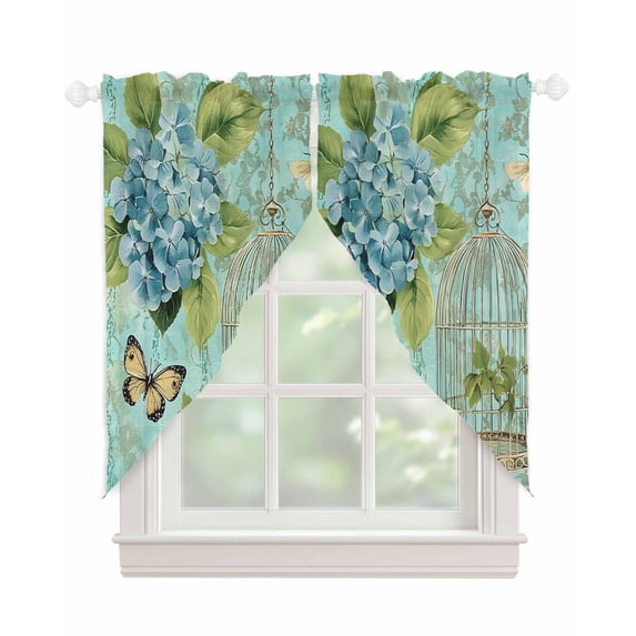 Blue Spring Floral Swag Valances for Windows, Green Summer Botanical Butterfly Rod Pocket Sheer Valances for Large Windows, Swag Toppers Light Filtering for Kitchen Living Room 2 Panels 36''x63''