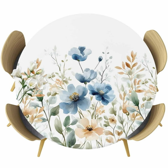 Blue Spring Floral Table Cloth, Round Fitted Tablecloths with Elastic Edge, Watercolor Blooming Summer Botanical Wipeable Waterproof Table Cover for Kitchen Wedding 45-54 Inches