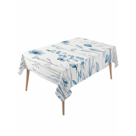 Blue Spring Floral Table Cloth, Waterproof Tablecloth for Rectangle Tables, Summer Flowers Botanical Elegant Reusable Washable Fabric Table Cover for Restaurant Kitchen Dining Tables 54"x108"