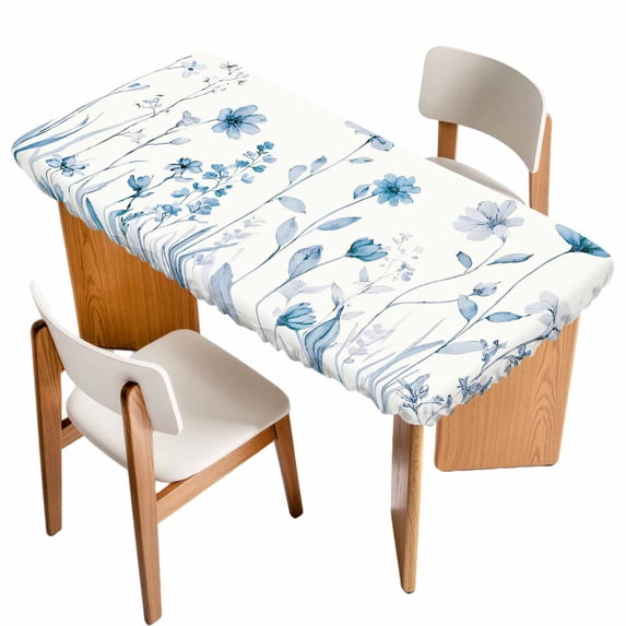Blue Spring Floral Table Cloths for 3 Foot Rectangle Tables, Summer Flowers Botanical Elegant Patio Waterproof Elastic Fitted Tablecloths, Washable Rectangular Table Cover for Camping