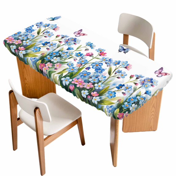 Blue Spring Floral Table Cloths for 4 Foot Rectangle Tables, Pink Flowers Butterfly Pastoral Patio Waterproof Elastic Fitted Tablecloths, Washable Rectangular Table Cover for Camping