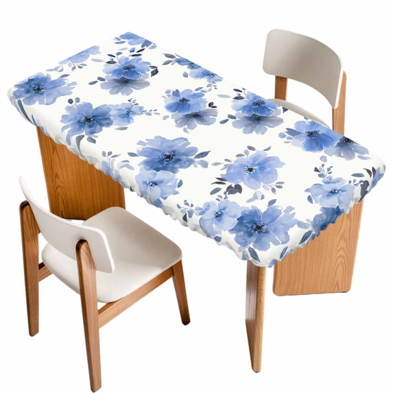 Blue Spring Floral Table Cloths for 6 Foot Rectangle Tables, Elegant Flowers Summer Botanical Patio Waterproof Elastic Fitted Tablecloths, Washable Rectangular Table Cover for Camping