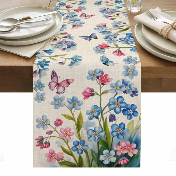 Blue Spring Floral Table Runner - 108 Inch Long, Kitchen Dining Table Runner Dresser Scarves, Pink Flowers Butterfly Rustic Farmhouse Decor for Coffee Tables Wedding Party Banquet