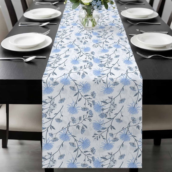 Blue Spring Floral Table Runner 108 Inches Long, Flowers Leaves Pastoral Botanical Kitchen Coffee Dining Table Decoration for Home Party Birthday Wedding Home Decor 13x108 Inches