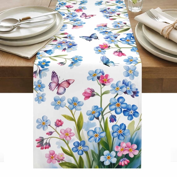 Blue Spring Floral Table Runner - 36 Inch Long, Kitchen Dining Table Runner Dresser Scarves, Pink Flowers Butterfly Pastoral Farmhouse Decor for Coffee Tables Wedding Party Banquet