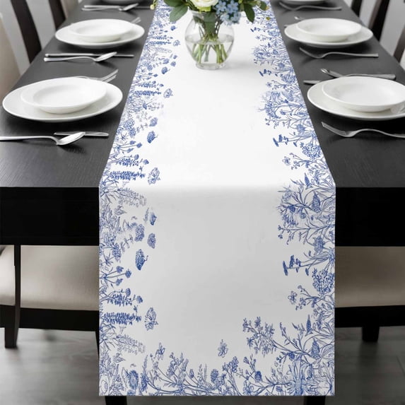 Blue Spring Floral Table Runner 48 Inches Long, Summer Flowers Botanical Kitchen Coffee Dining Table Decoration for Home Party Birthday Wedding Home Decor 13x48 Inches