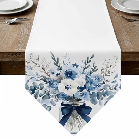 Blue Spring Floral Table Runner Linen Burlap Table Runner 72 Inches Long Watercolor Summer Flowers Dresser Scarves for Kitchen Island Coffee Dining Room Party Wedding Banquet Holiday Decor 18"x72"