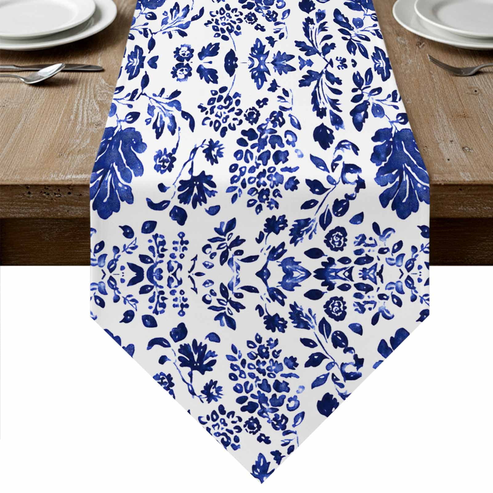 Blue Spring Floral Table Runner Linen Burlap Table Runner 90 Inches ...