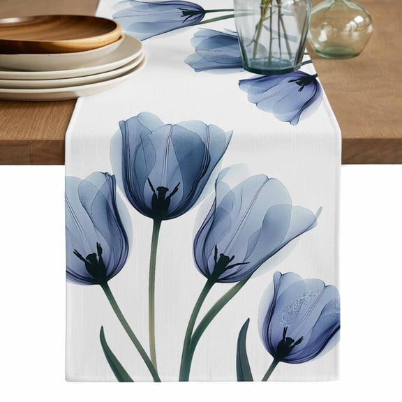 Blue Spring Floral Table Runner, Tulip Blooming Summer Botanical Washable Cotton Linen Table Runners 36 Inches Long, Dresser Scarf Runner for Nightstand/End Tables/Round Tables 13''x36''