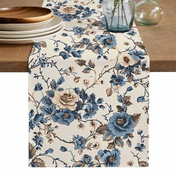 Blue Spring Floral Table Runner, Vintage Botanical Farmhouse Washable Cotton Linen Table Runners 36 Inches Long, Dresser Scarf Runner for Nightstand/End Tables/Round Tables 13''x36''