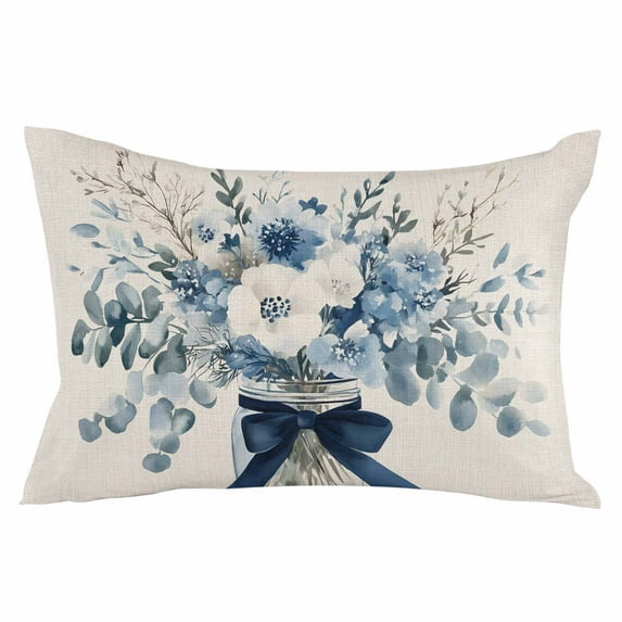 Blue Spring Floral Throw Pillow Cover 12 x 20 Inch Decorative Pillow Cover Watercolor Summer Flowers Vintage Lumbar Pillowcase Seasonal Rectangle Cushion Case for Couch Sofa Bed Living Room