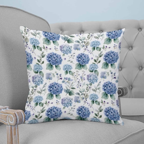 Blue Spring Floral Throw Pillow Covers, Soft Pillowcases with Invisible Zipper, Watercolor Botanical Elegant Decorative Square Pillow Cushion Covers for Living Room Couch Sofa Bed 16x16 Inches