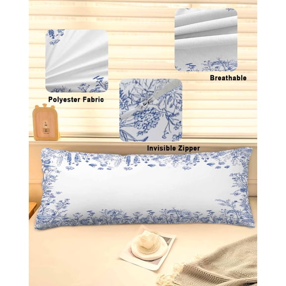Blue Spring Floral Throw Pillow Covers, Summer Flowers Botanical Soft Breathable Pillow Cases with Invisible Zipper for Sleeping, Long Body Pillowcases for Couch Bed Sofa Chair 20x60 Inches
