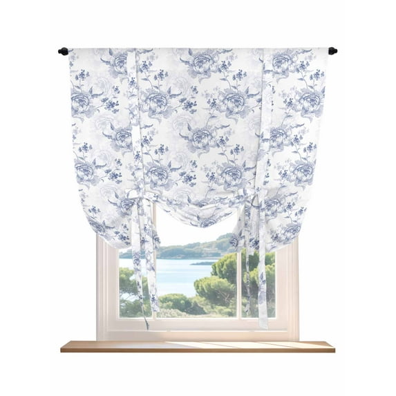 Blue Spring Floral Tie Up Curtains for Windows 45 Inch Length Balloon Curtains Kitchen Adjustable Balloon Window Shade Summer Botanical Elegant Flowers Tie Up Valance Bathroom Curtain Window 42"x45"