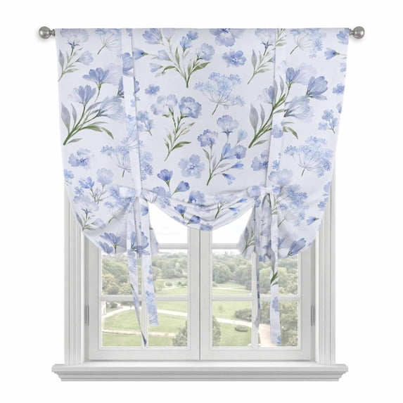 Blue Spring Floral Tie Up Curtains for Windows, Adjustable Balloon Window Shades, Green Botanical Wildflower Blossoms Kitchen Window Treatments Adjustable Roll Up Curtain for Basement/Nursery 52"x45"