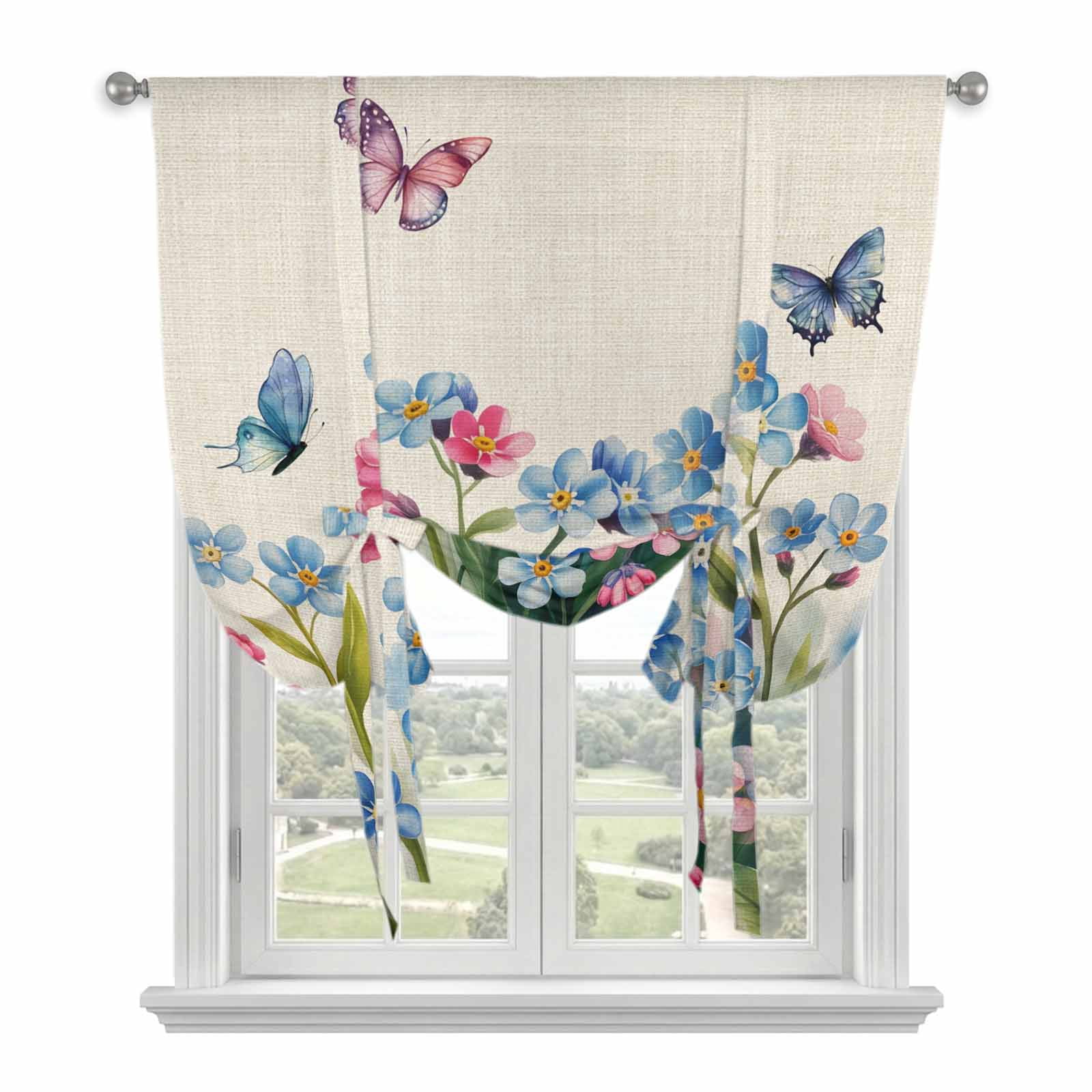 Blue Spring Floral Tie Up Curtains for Windows, Adjustable Balloon ...