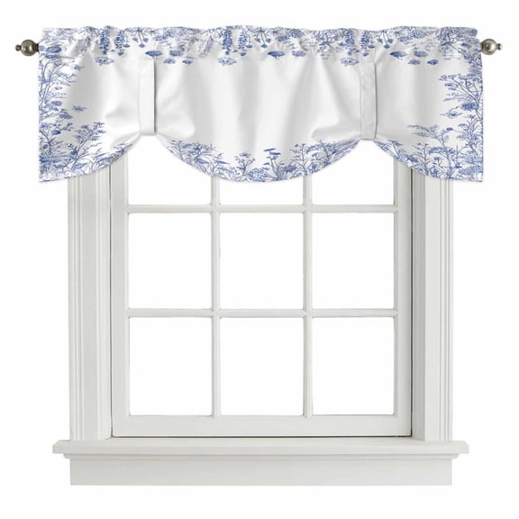 Blue Spring Floral Tie Up Valance Curtains for Windows, Kitchen Curtains Window Shades, Summer Flowers Botanical Light Filtering Roman Curtain Valances for Bedroom/Bathroom/Cafe 42"x12"