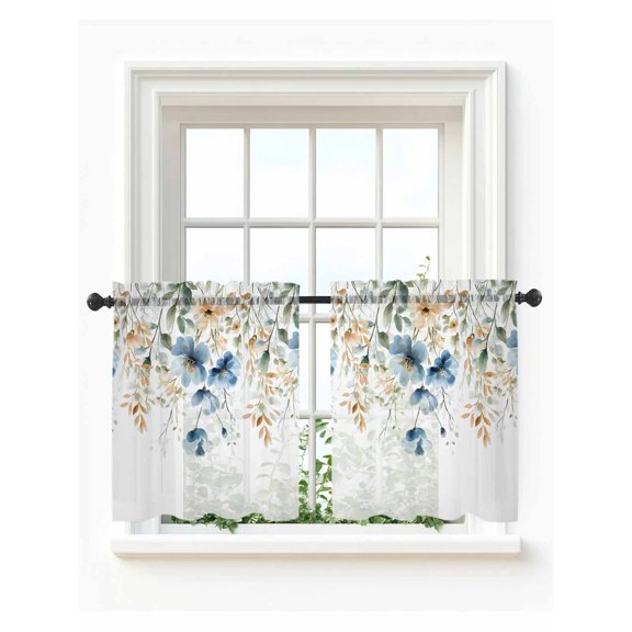 Blue Spring Floral Tier Curtains 24 Inch Length,Sheer Curtains for Bedroom Living Room Window Weeping Botanical Orange Summer Rod Pocket Drapes Kitchen Curtains Small Half Window 27.5"x24" 2 Panels