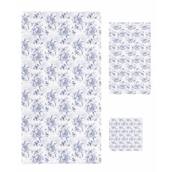 Blue Spring Floral Towel Set of 3, Soft Microfiber Bath Towels, Hand Towel, Washcloths, Summer Botanical Elegant Flowers Quick-Dry Absorbent Towels for Bathroom Kitchen Hotel Beach Gym Spa