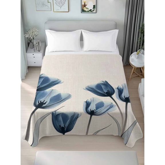 Blue Spring Floral Twim Size Flat Sheet, Wrinkleproof & Fadeproof Cooling Flat Bed Sheet Only, Tulip Summer Botanical Breathable Soft Bedding Top Sheets 66 x 96 Inches