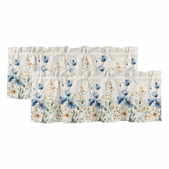 Blue Spring Floral Valances for Windows, Decorative Rod Pocket Window Valance Curtains, Summer Botanical Vintage Short Curtain Drapes for Kitchen/Bathroom/Living Room, 2 Panels, 42" W x 18" L