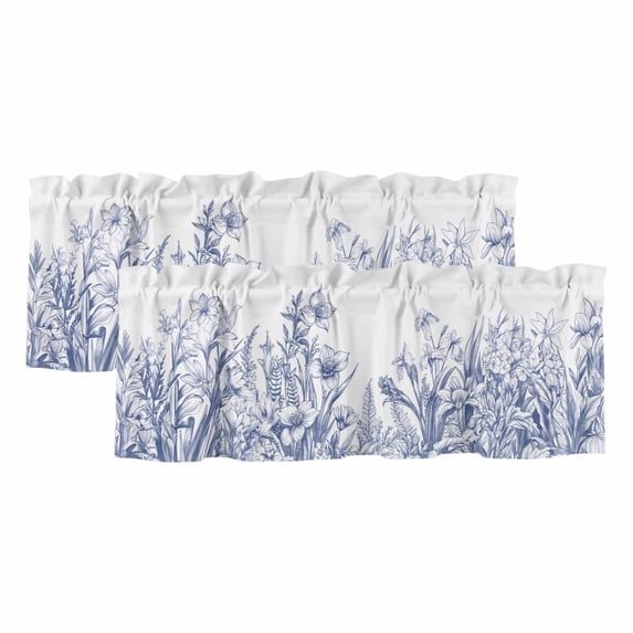Blue Spring Floral Valances for Windows, Watercolor Botanical Summer Vintage Light Filtering Kitchen Curtains, Rod Pocket Window Valance Curtains for Living Room Bedroom, 42" W x 18" L, 2 Panels