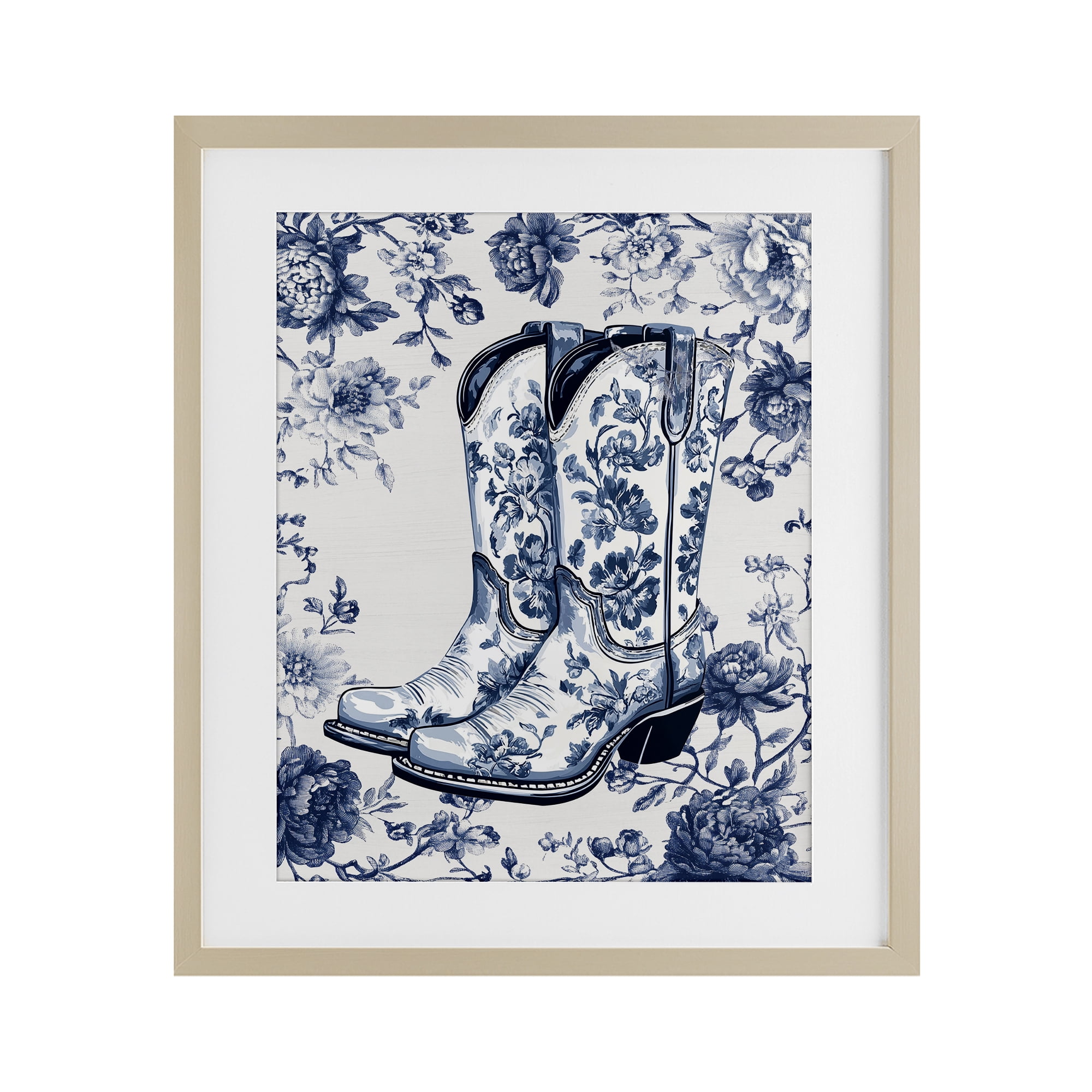 Blue Spring Florals & Boots Birch Framed Print Under Glass, design by Lettered and Lined