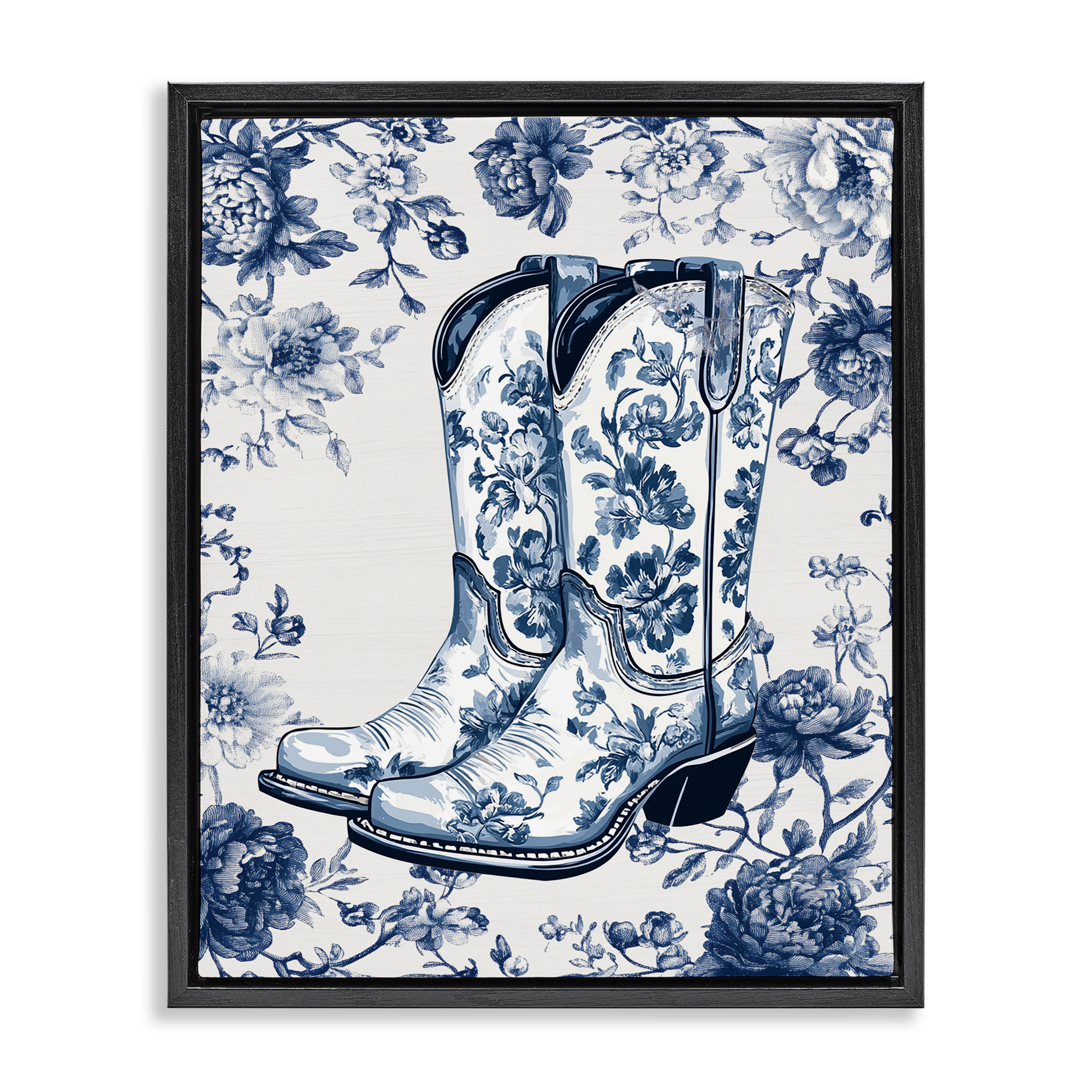 Blue Spring Florals & Boots Black Framed Floater Canvas Wall Art, design by Lettered and Lined