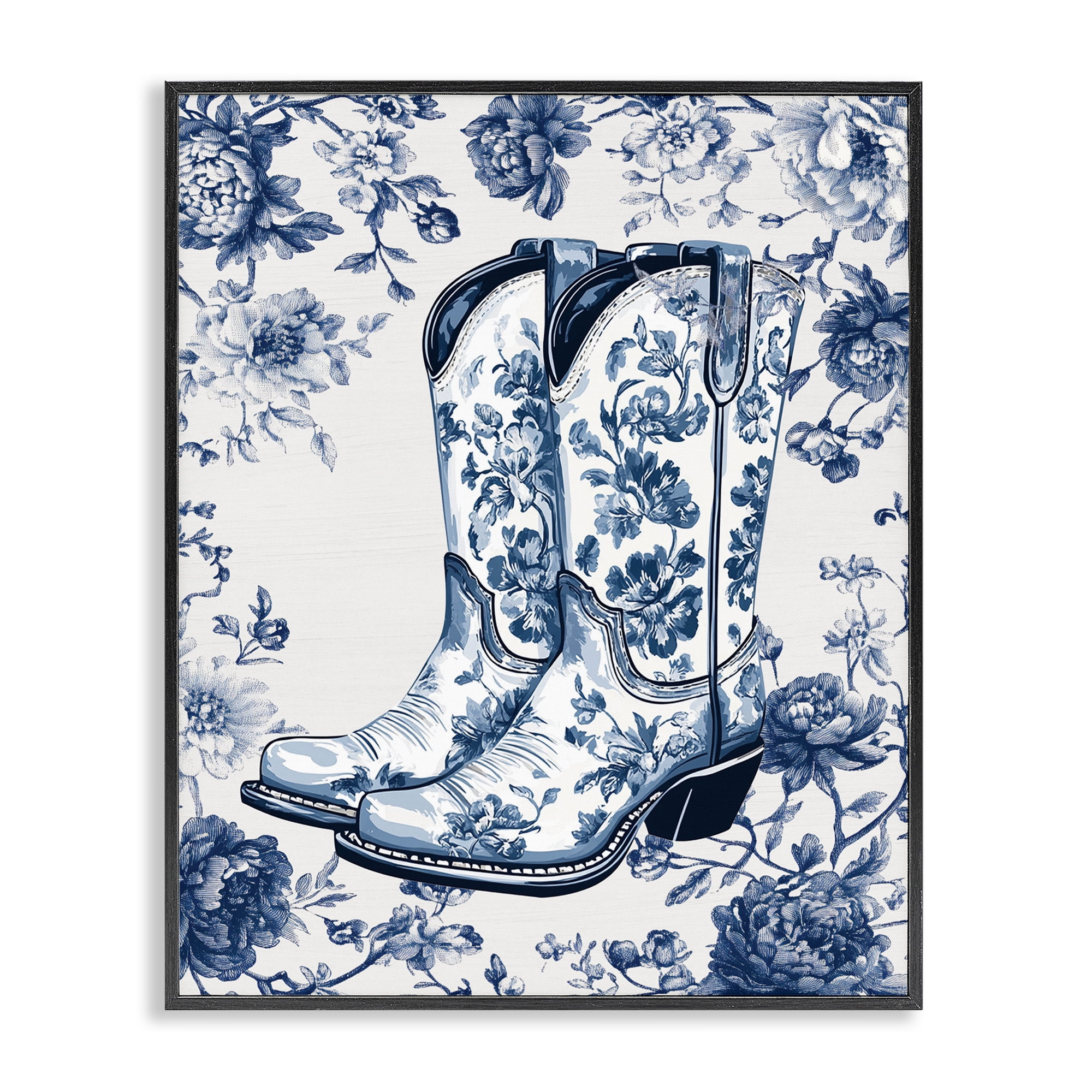 Blue Spring Florals & Boots Black Framed Giclee Art, design by Lettered and Lined