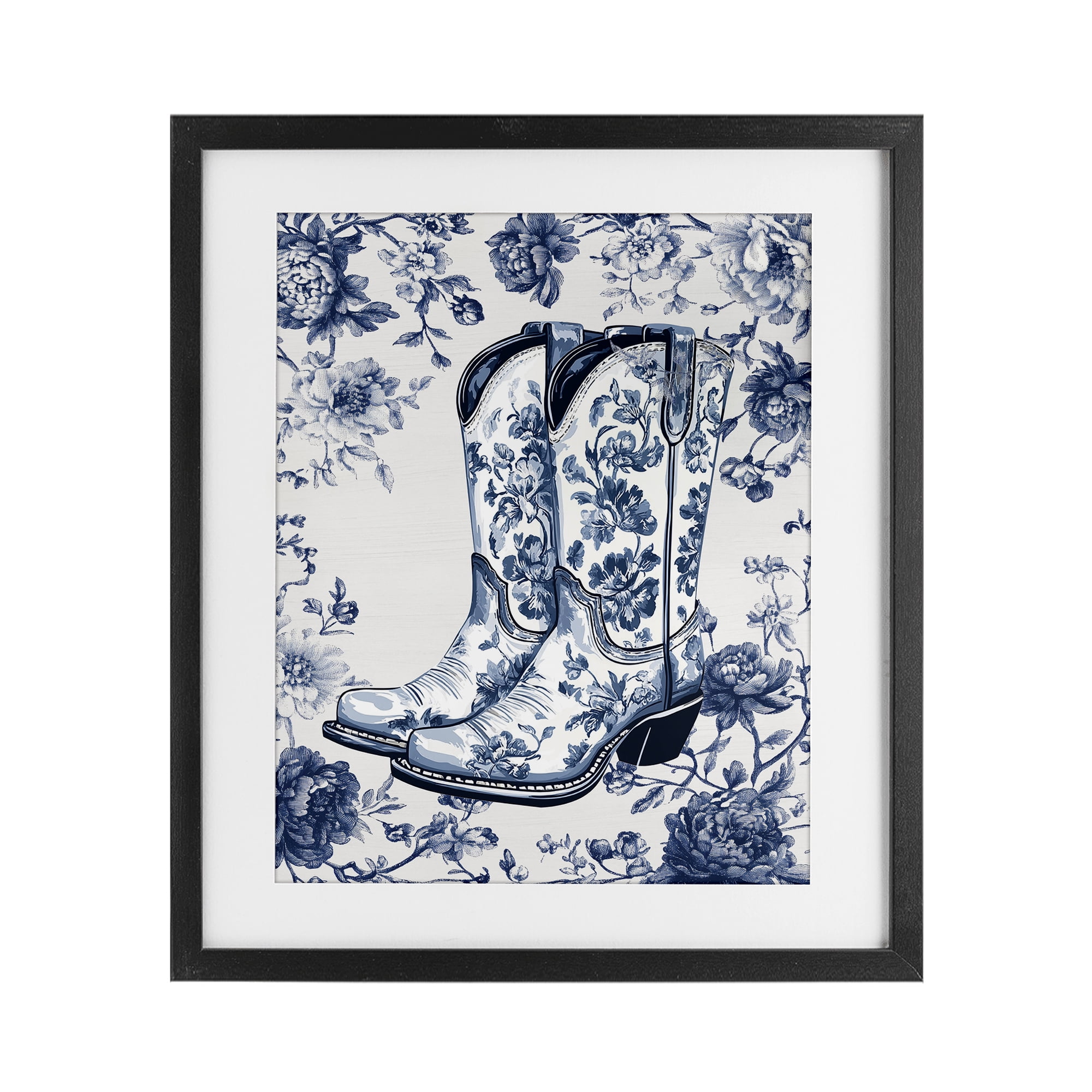 Blue Spring Florals & Boots Black Framed Print Under Glass, design by Lettered and Lined