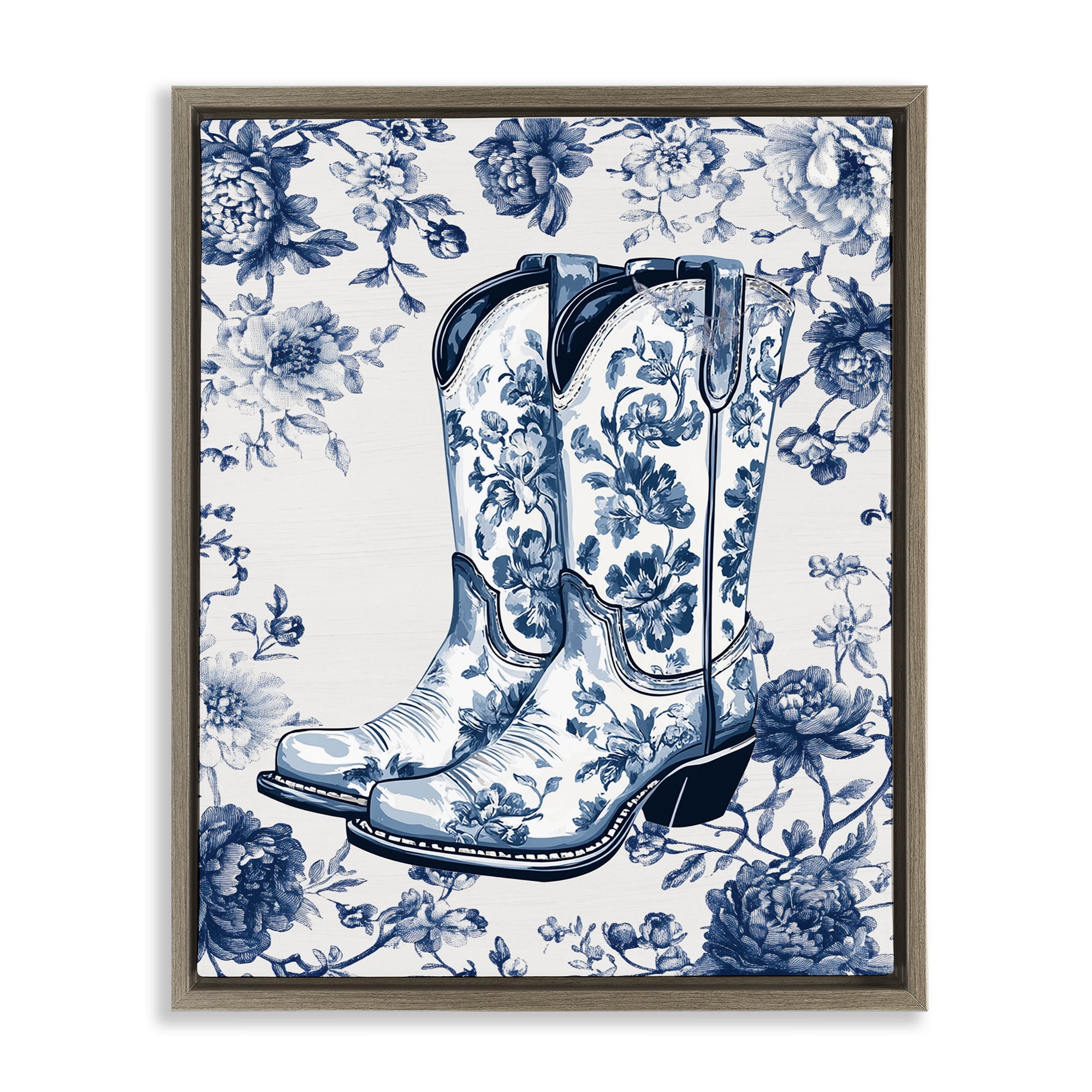 Blue Spring Florals & Boots Brown Framed Floater Canvas Wall Art, design by Lettered and Lined