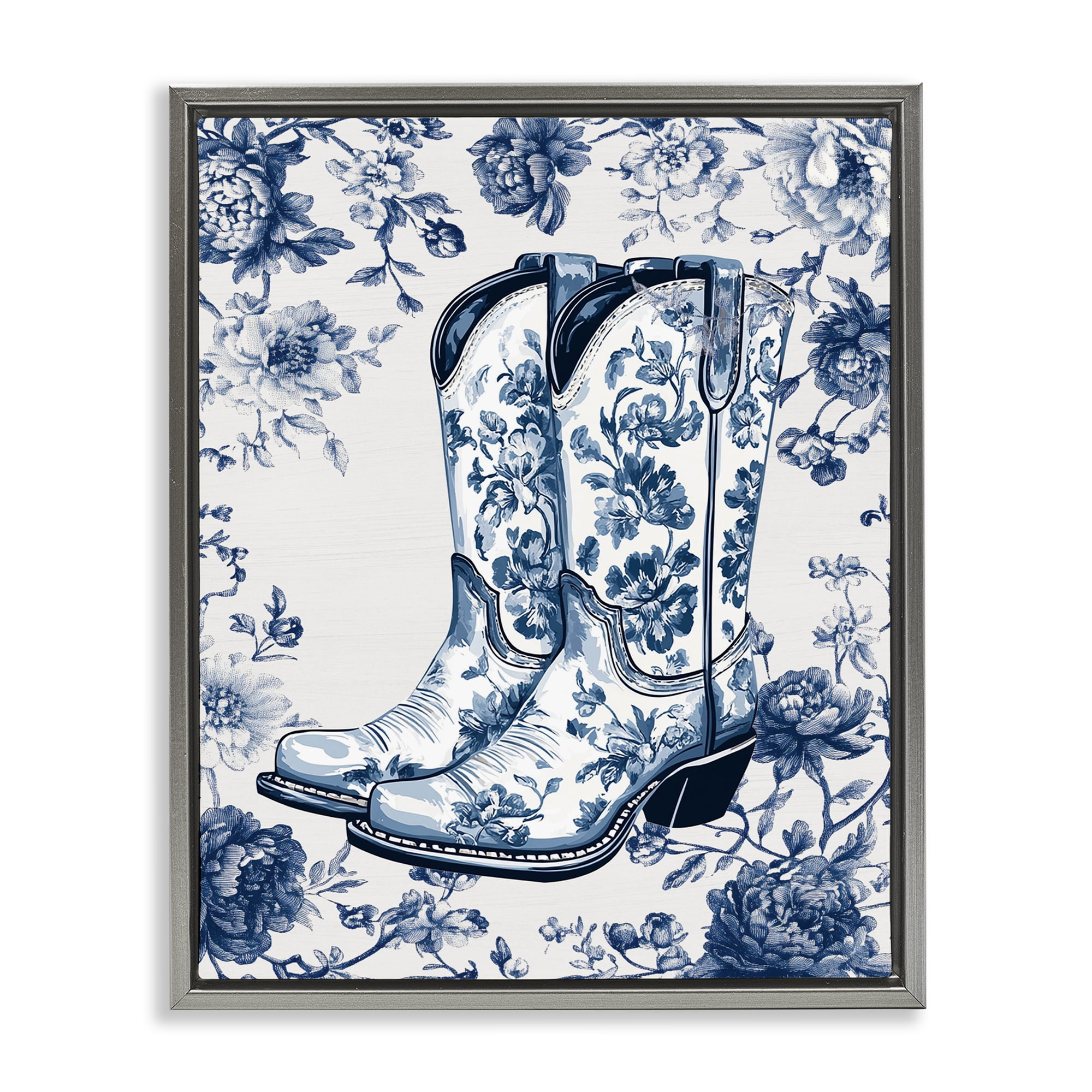 Blue Spring Florals & Boots Gray Framed Floater Canvas Wall Art, design by Lettered and Lined