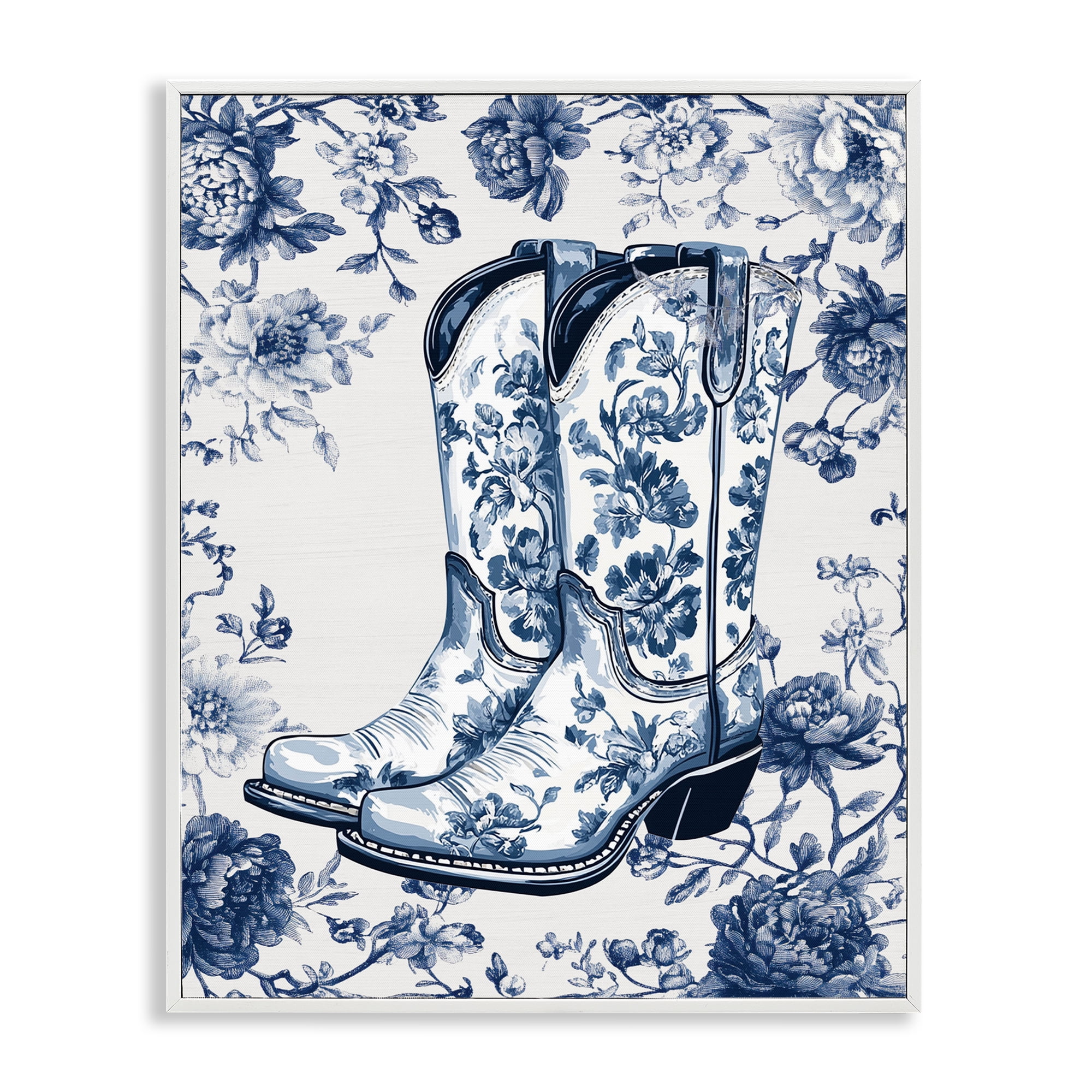 Blue Spring Florals & Boots White Framed Giclee Art, design by Lettered and Lined