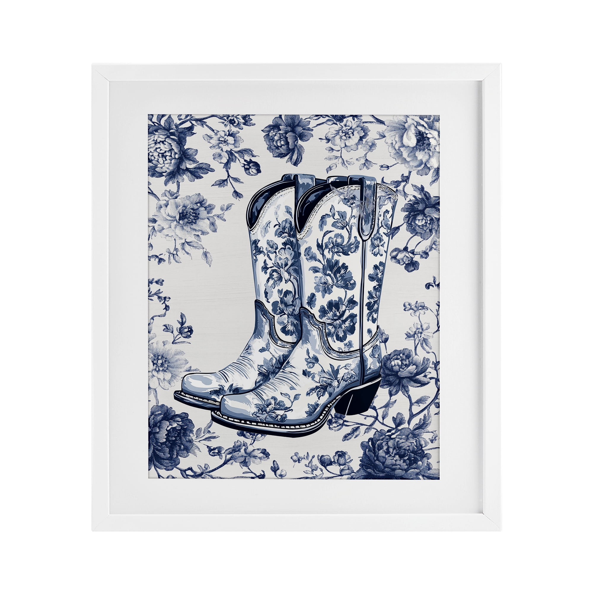 Blue Spring Florals & Boots White Framed Print Under Glass, design by Lettered and Lined